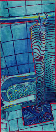 bathroom study - line / 2024 / acrylic on watercolour paper / 14" x 6"