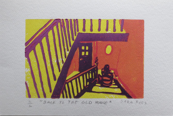 back to the old house / 2025 / 4 layer reduction linocut / 4" x 6"