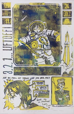 end of the journey / 2024 / 2 layer linocut reduction print / 11" x 17"