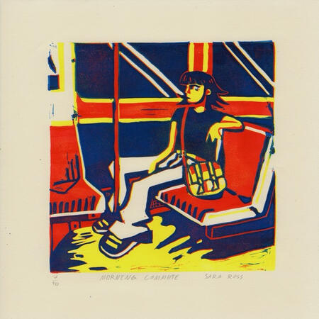 morning commute / 2023 / 3-layer linocut reduction print / 7" x 7"